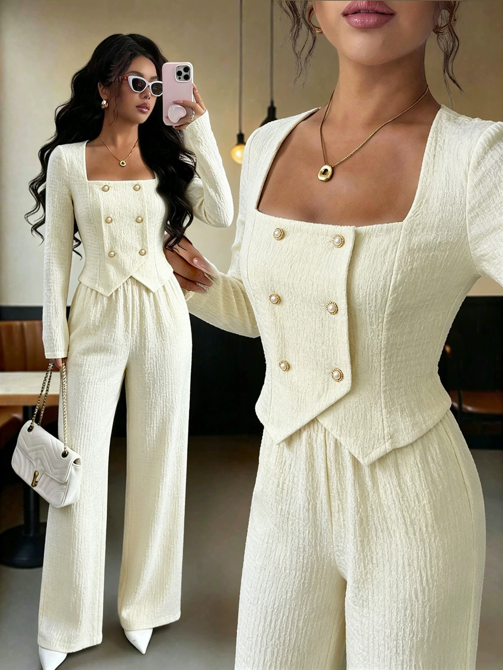 ZARA Fitted Square Neck Double Breasted Blazer and Wide Leg Pants 2-Piece Set